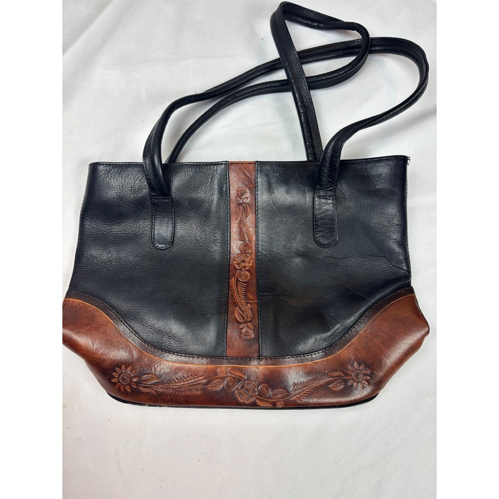 Hand Tooled Leather Floral Tote Bag Black Brown Western Boho Shoulder Bag